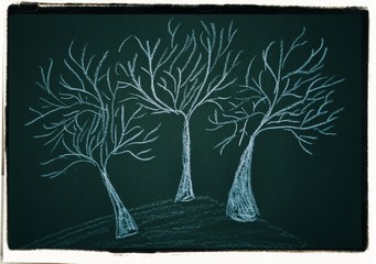  Depression -Trauer - Einsamkeit - Kreidezeichnung abstrakt - Kahle Bäume - Baumgruppe -
