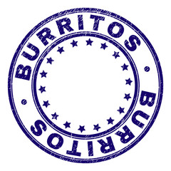 BURRITOS stamp seal imprint with grunge effect. Designed with round shapes and stars. Blue vector rubber print of BURRITOS label with grunge texture.