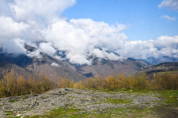 view of mountains steam fog sun summer