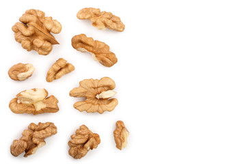 peelled Walnuts isolated on white background with copy space for your text. Top view. Flat lay