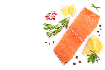 fillet of red fish salmon with lemon and rosemary isolated on white background with copy space for your text. Top view. Flat lay
