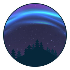 Night sky with aurora over spruce forest in winter, blue northern light with stars, polar light glowing, polar streamers. Vector