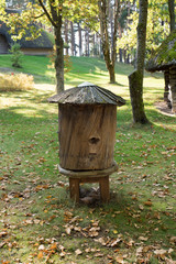 Fototapeta premium Very old, historical empty beehive in the garden. Traditional beehive from old times, made of solid wood on the natural green grass background and trees