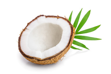 half of coconut with leaves isolated on white background