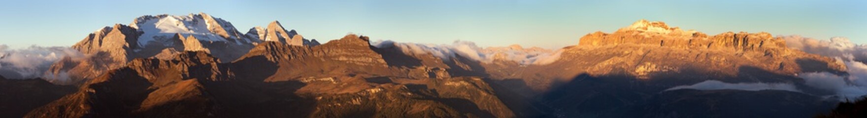 mount Marmolada and mount Sella sunset panorama
