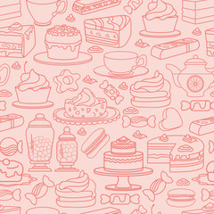 Cute various desserts. Vector Sweets seamless pattern.