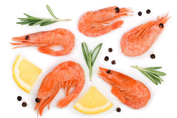 Red cooked prawn or shrimp with rosemary and lemon slice isolated on white background. Top view. Flat lay