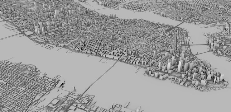Vista satellitare delle citt&agrave; di New York City, mappa della citt&agrave;, edifici in 3d, 3d rendering. Strade e grattacieli di Manhattan. 
