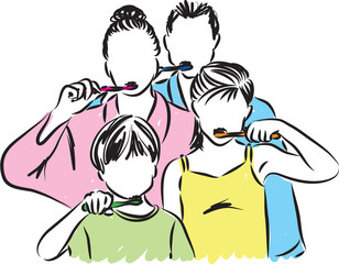 family brushing teeth illustration