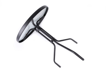 Metal/iron table isolated on white background. Glass dining table. Garden furniture. Side view. Metal table fell and  lying on the ground.