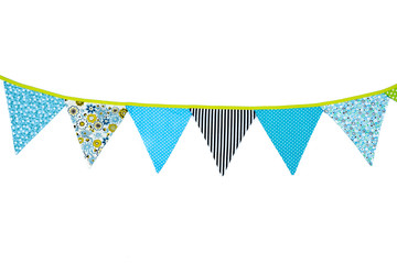 Obraz premium Cute garland of colorful flags. Decorations of colorful pennants. Blue cotton fabric party flags. Flag line isolated on white background. Front view,