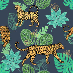 Colorful seamless pattern of hand drawn sketch style leopards with tropical plants and flowers. Vector illustration.