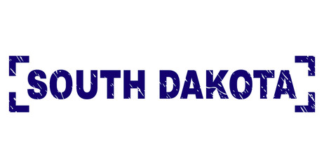 SOUTH DAKOTA caption seal print with corroded texture. Text caption is placed inside corners. Blue vector rubber print of SOUTH DAKOTA with corroded texture.