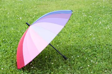 Rainbow umbrella standing at grass.  Funny multicolor umbrella for a rainy day. Great for safety, protection concepts.  Place for text, copy space.