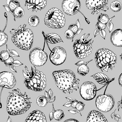 Seamless pattern with strawberries, raspberries, blueberries and cherries. Hand drawn vector illustration.