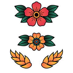 Oldschool Traditional Tattoo Vector Flowers with 5 Petals