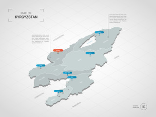 Isometric  3D Kyrgyzstan map. Stylized vector map illustration with cities, borders, capital, administrative divisions and pointer marks; gradient background with grid.