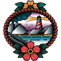 Oldschool Traditional Tattoo Vector Lighthouse in a Sunset