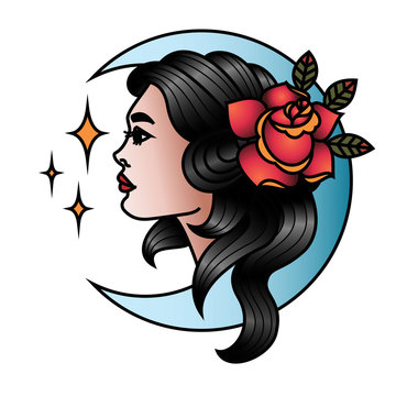 Oldschool Traditional Tattoo Vector Girl with Rose and Moon