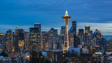 Seattle city skyline at dusk. Downtown Seattle cityscape