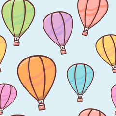 Seamless pattern with colorful balloons with outline in the sky, naive and simple background, vector illustration for children