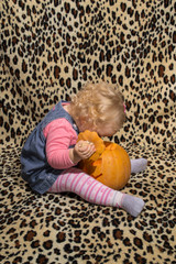 a little blonde girl is interested in two cut for halloween pumpkins