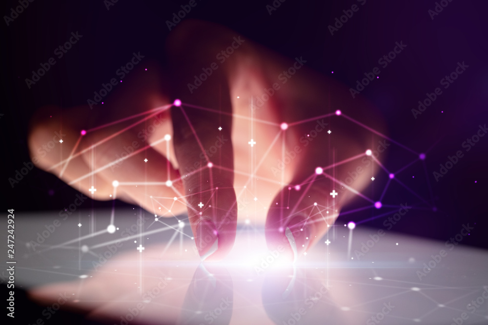 Aufkleber finger touching tablet with global network concept and dark background