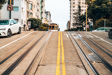 San Francisco, USA. July 18, 2018. Traditional classic cable car in San Francisco going up and down...