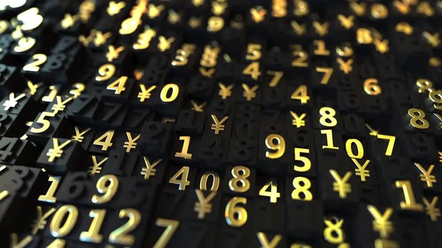 Gold Japanese Yen JPY symbols and numbers on black plates, loopable 3D animation