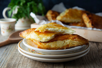 Patties with cottage cheese. Russian pastry, rustic wooden background. Traditional breakfast.
