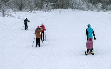 People running on skis on the ski track in the woods, the view from the back