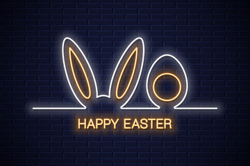 Easter neon banner. Easter bunny with egg neon