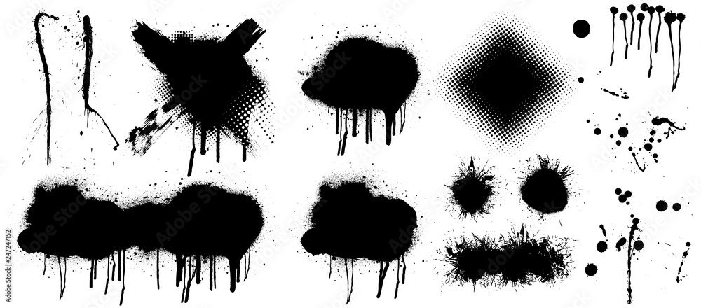 Poster spray graffiti stencil template. isolated collection. black splashes isolated on transparent backgro