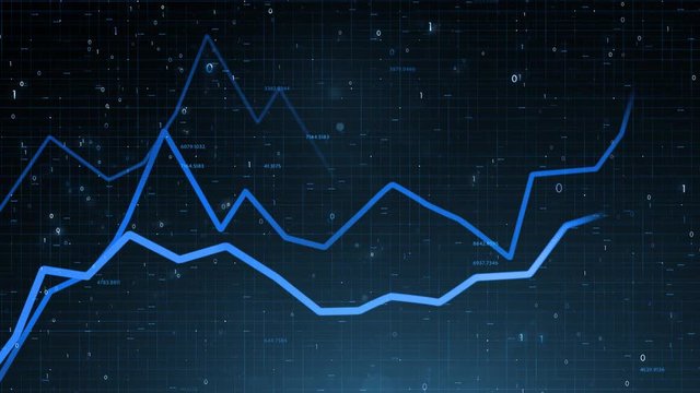 Artistic 3d financial business chart with graphs and stock numbers on black motion background. Selective focus used.