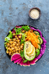 Salad Buddha bowl with fresh cucumber, avocado, watermelon radish, raw carrot, lettuce and chickpea for lunch. Healthy vegetarian food. Vegan vegetable dish. Top view