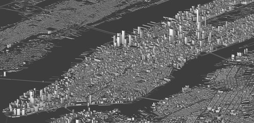Vista satellitare delle città di New York City, mappa della città, edifici in 3d, 3d rendering. Strade e grattacieli di Manhattan © Naeblys