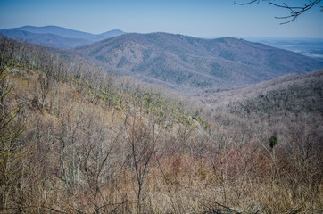 View of the valley below from Shenandoah National Park in Virginia of the Blue Ridge Mountains along Skyline Drive