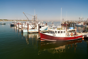 Fishing boats moored in the port of Provincetown, Massachusetts.