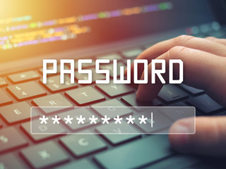 Password input on blurred background screen. Password protection against hackers.