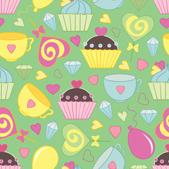 Hand drawn vector seamless pattern with  cupcakes, lollipops, diamonds and balloons  on a green background