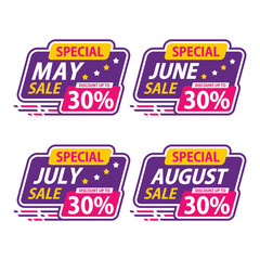 Sticker Sale Special May, June, July, August Discount up to 30%  Vector illustration Marketing Advertising and PR - Vector