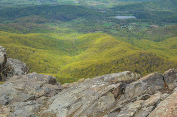 Fototapeta na wymiar View from the top of Little Stony Man mountain in Shenandoah National Park on a foggy spring day. Focus on the rocks in foreground, trees in valley intentionally blurred