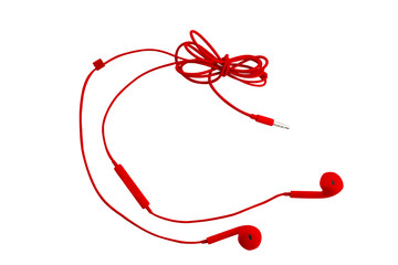Beautiful red headphones for smartphones, tablets, music players and a computer with a headset, on a white isolated background