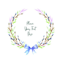 Hand drawn Easter wreath with spring flowers on a white background. Watercolor painting.