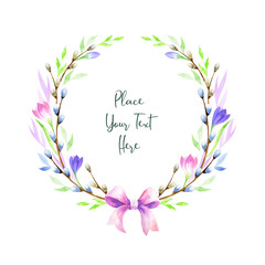 Hand drawn Easter wreath with spring flowers on a white background. Watercolor painting.