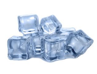 Pile of crystal clear ice cubes on white background