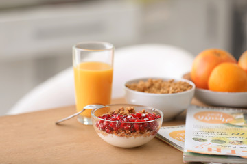 Healthy breakfast served on table at home. Fitness diet