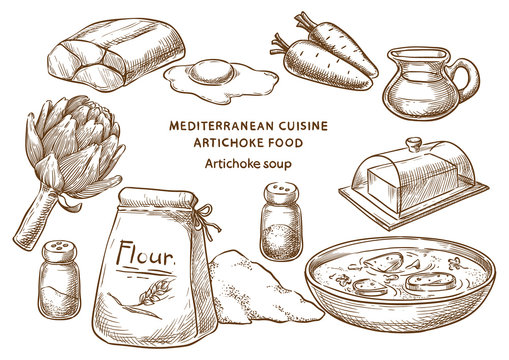 Mediterranean cuisine. Artichoke soup. Sketch Ingredients