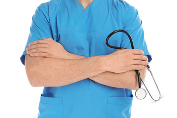 Medical assistant with stethoscope on white background, closeup