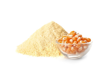 Fototapeta na wymiar Pile of fresh flour and bowl with corn seeds isolated on white